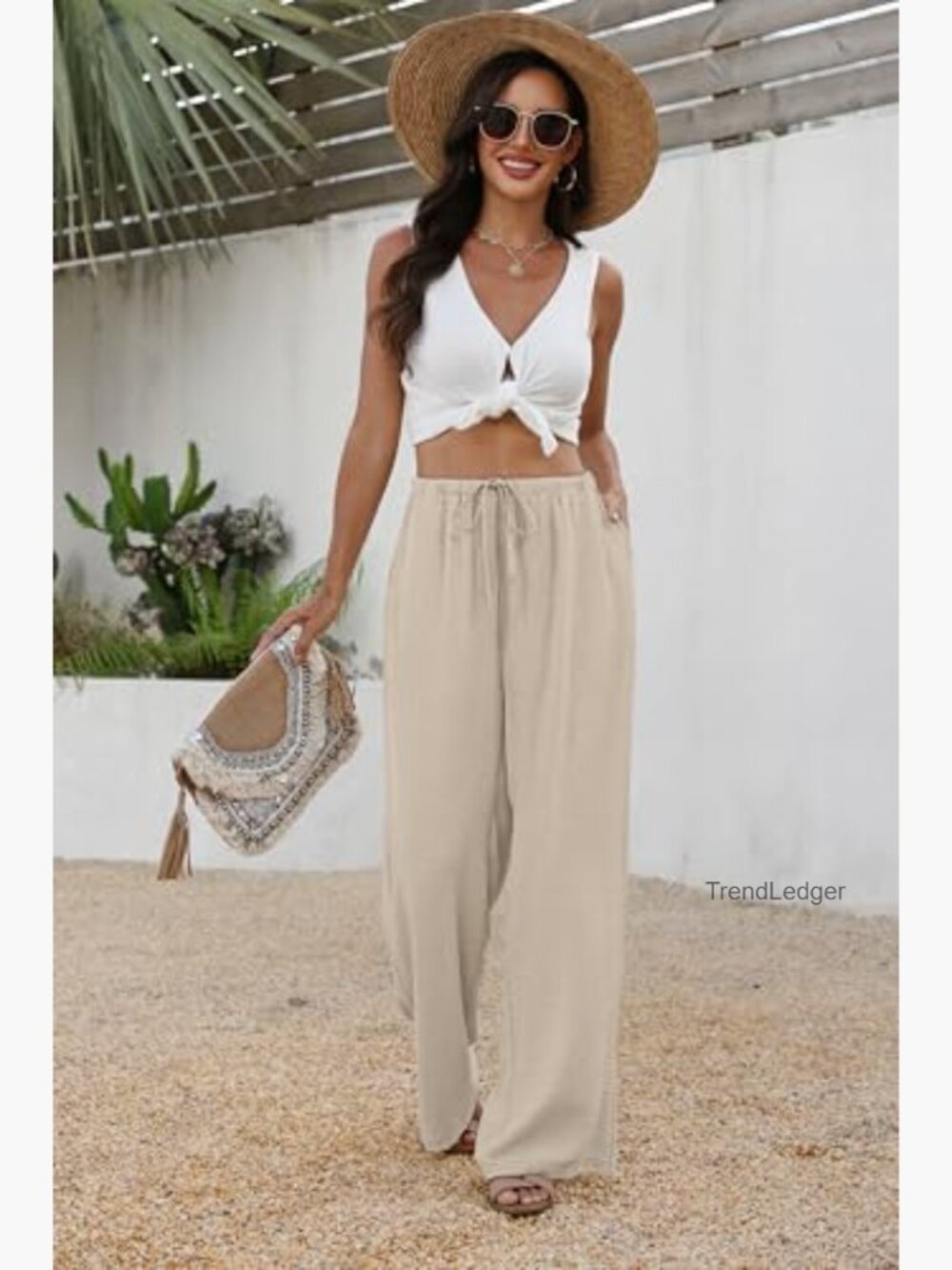 Wide Leg Palazzo Pants with Pockets Drawstring Elastic Waist Flowy Trousers - Picture 3 of 7
